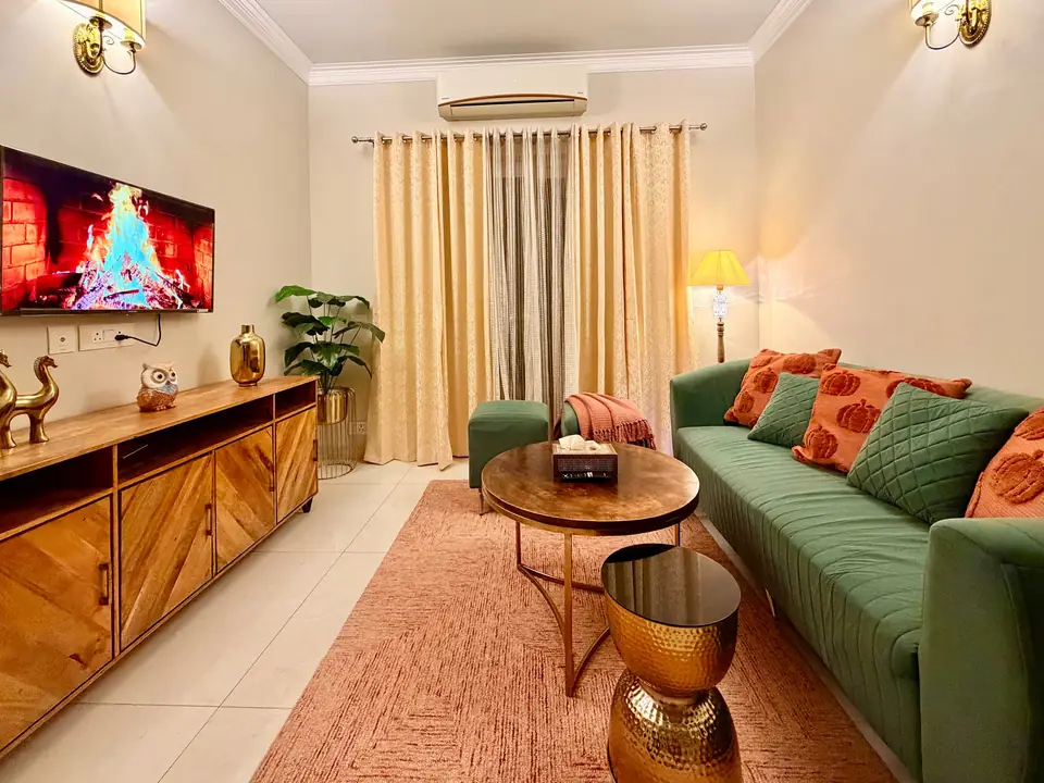 Living room with wooden TV unit