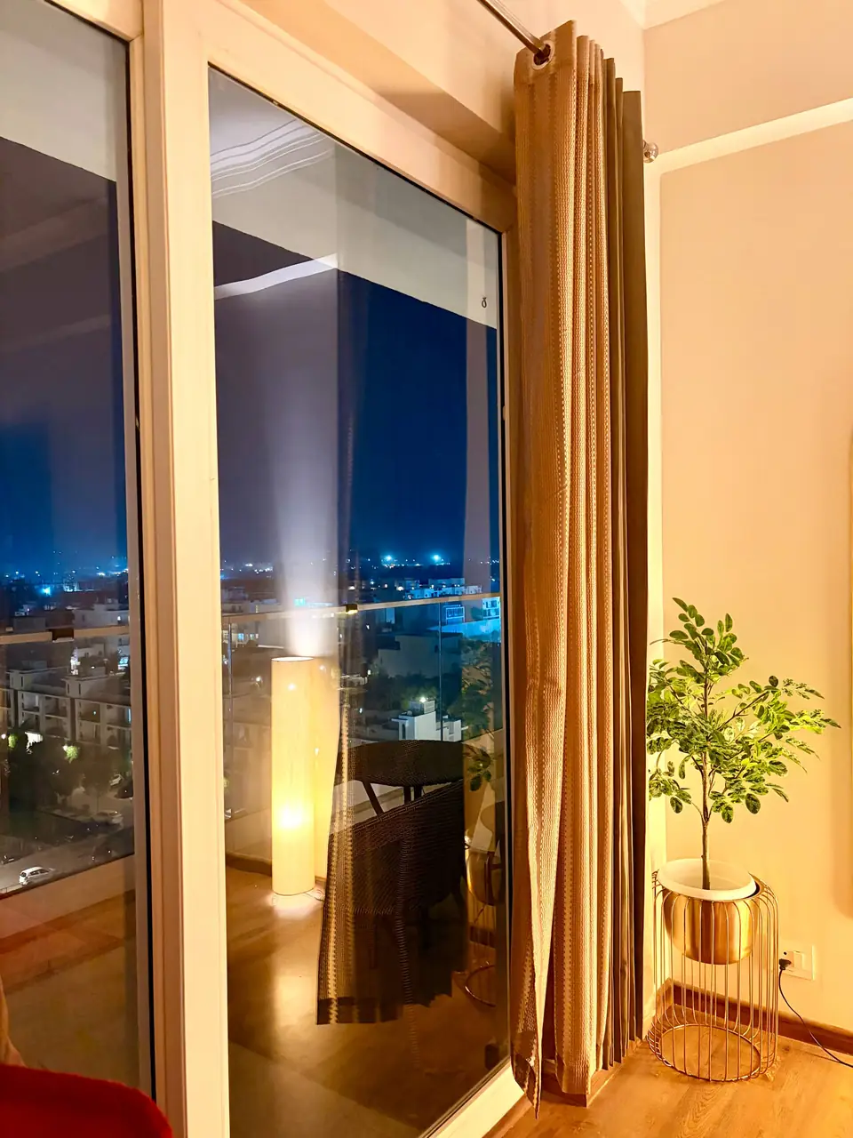Bedroom balcony door at night