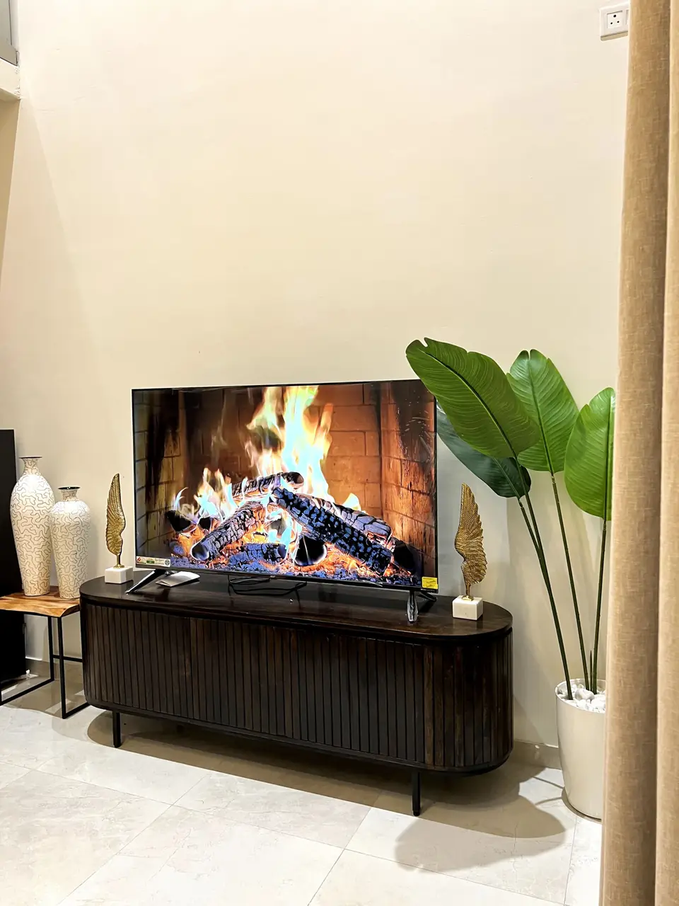 TV unit with decor and plant