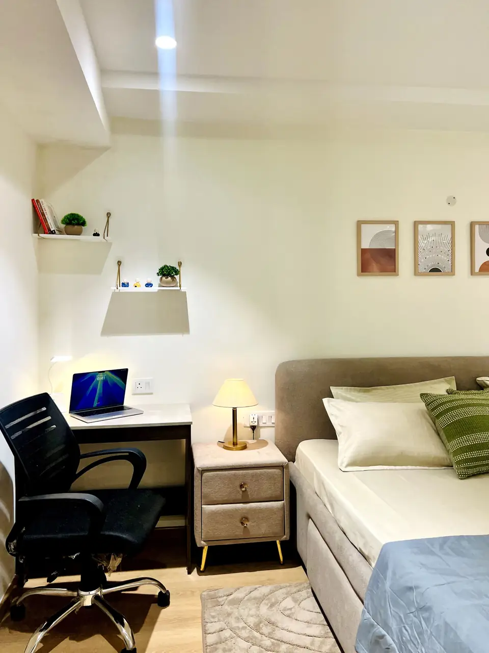 Bedroom workspace with desk lamp